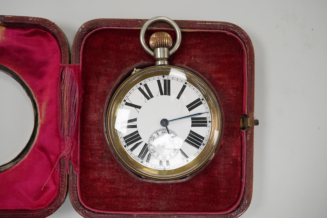 Two Edwardian silver mounted leather travelling watch cases, Chester 1905 and Birmingham, 1907, both containing a chrome cased keyless pocket watch.